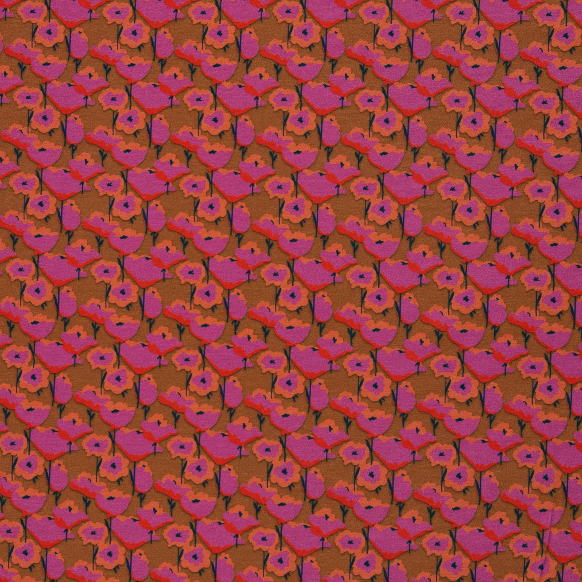 Roest tricot met fuchsia / oranje bloemen - "Breeze" van Cherry Picking